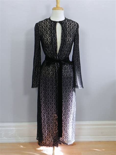 Vintage 50s Black Lace Nude Illusion Negligee 1950s Sheer Etsy Black Lace Negligee Long