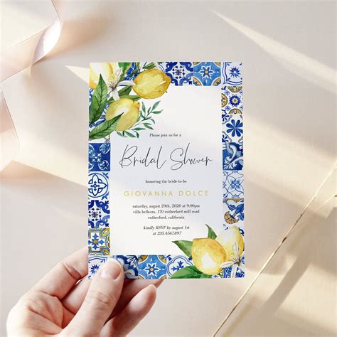 Mediterranean Lemon Bridal Shower Invitation Template Italian Blue