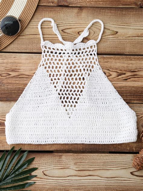 [12 Off] 2022 Crochet High Neck Bikini Top In White Zaful