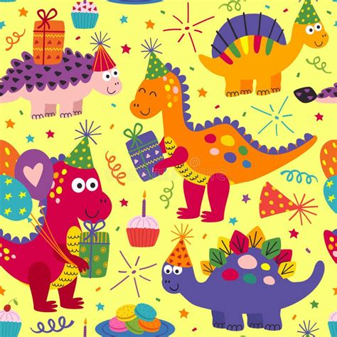 Seamless Pattern With Cute Dinosaurs Happy Birthday On Yellow