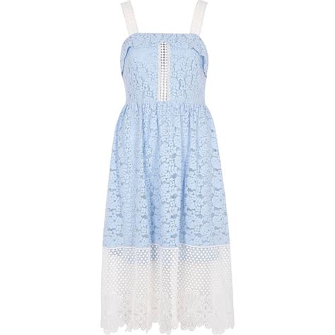 River Island Blue And White Lace Midi Dress In Blue Lyst