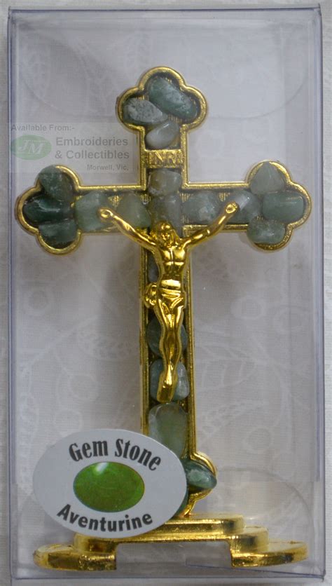 Standing 75 X 45mm Aventurine Gem Stone Crucifix Gold Tone