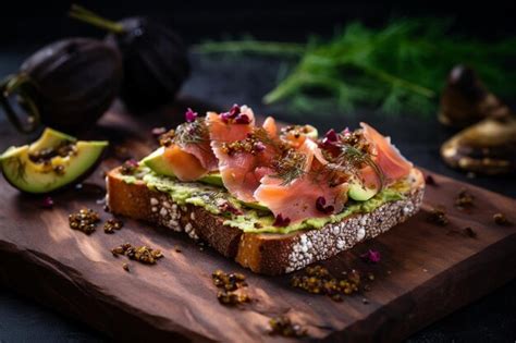 Premium Photo | Avocado toast topped with smoked trout and capers