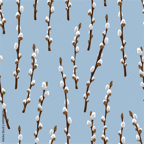 Easter Spring Twigs Blossom Pussy Willow Tree Seamless Pattern Vector Spring Holiday Texture In