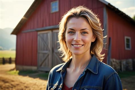 Year Old Mature Older Woman Female Farmer In Front Of Barn Premium