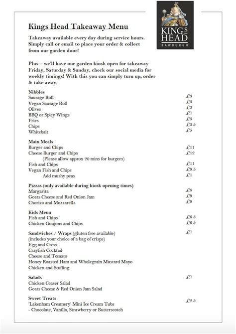 Menu at Kings Head Bawburgh restaurant, Bawburgh, Harts Ln