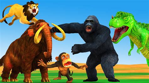 Titan T Rex Run Away From Mammoth Funny Monkey And Gorilla Rescue Cow