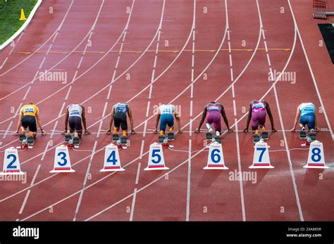 OSTRAVA, CZECHIA, MAY 28, 2024: Elite Sprinters Set for the 100-Meter Sprint. Pre race before ...