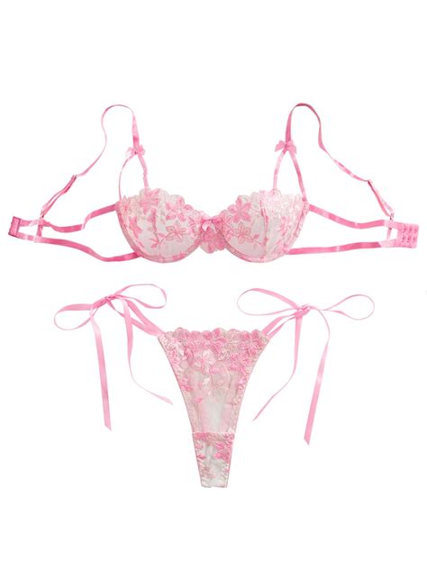 Lilosy Sexy Tie Side Cute Underwire Push Up Strappy Embroidered Mesh Sheer Lingerie Set Women