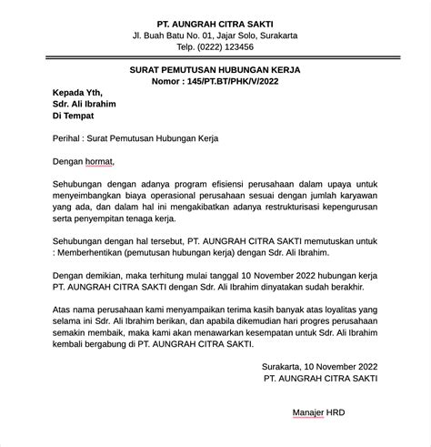 Phk Langkah Aturan Contoh Surat Pemutusan Hubungan Kerja