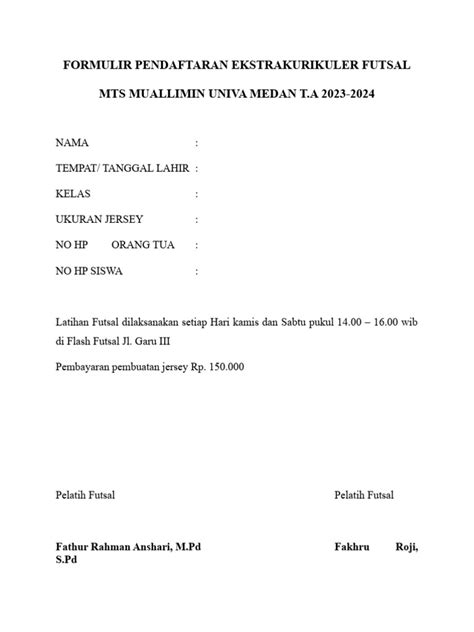 Formulir Pendaftaran Ekstrakurikuler Futsal Pdf