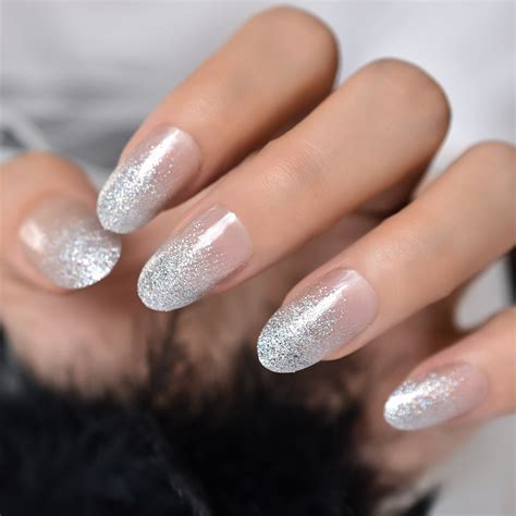 Silver Glitter Shimmer Bright Clear Press On Nails Nude Glossy Designed False Nails Oval Short