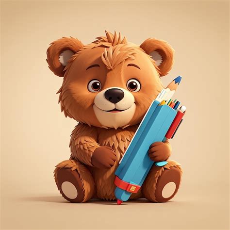 Lindo Oso Escribiendo En Un Libro Con L Piz De Dibujos Animados Icono