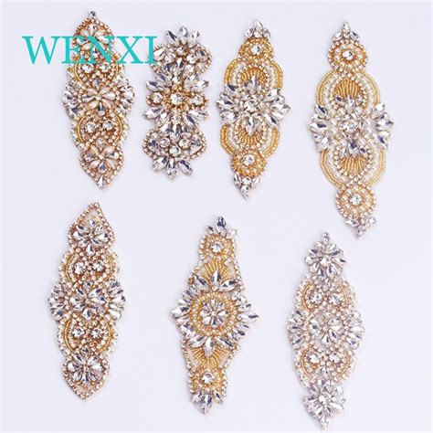 Wenxi 10 pçs atacado ouro strass apliques costura no vestido de