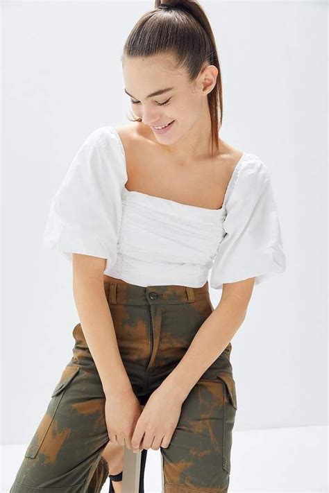 Urban Outfitters Uo Sabrina Ruched Puff Sleeve Cropped Top White