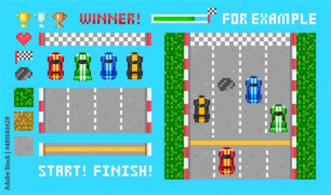 Pixel Art 8 Bit Race Game With Cars And Objects Vector Design Pixel Set For Race Arcade In