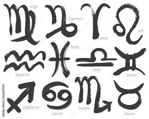 Collection Of Zodiac Signs Hand Drawn With Ink Brush Vector Graphics