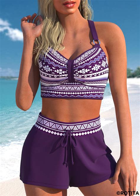 Metal Ring Purple Tribal Print Bikini Set