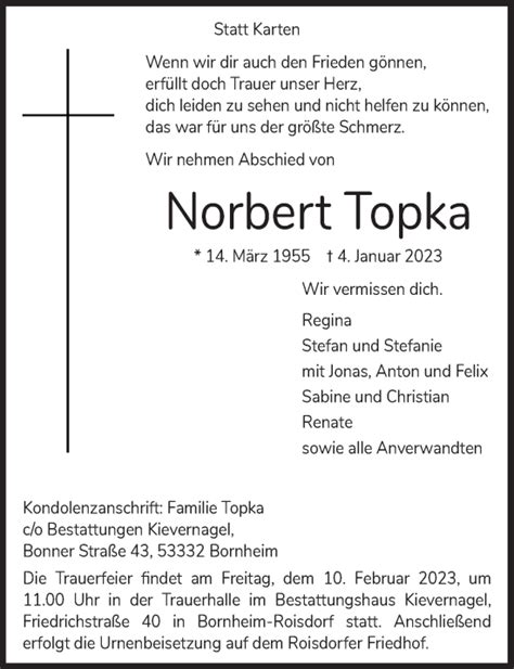 Traueranzeigen Von Norbert Topka WirTrauern