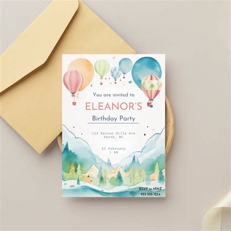 Customizable Hot Air Balloon First Birthday Invite Watercolor Birthday Invite First Birthday
