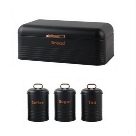 Breadbin Steel Design With 3 Piece Matching Canister Set Black Golden