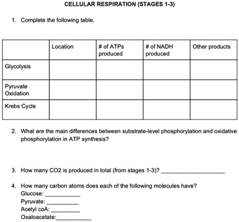 Solved Cellular Respiration Stages 1 3 Complete The Following Table Location Of Atps