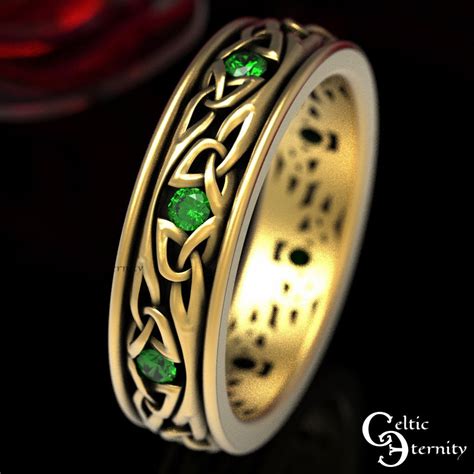 Emerald And Gold Wedding Ring Celtic Wedding Band Platinum Wedding Ring Emerald Celtic Ring