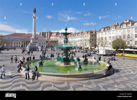 Rossio Square The Liveliest Placa In Lisbon With Wavy Cobble Stone