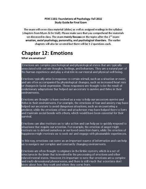 PSYC 1101 Final Exam Study Guide PSYC 1101 Foundations Of Psychology