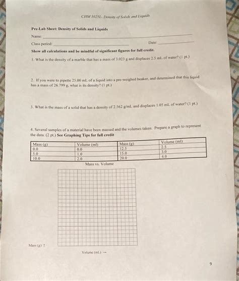 Solved Chim Density Of Solids And Liquid Pre Lab Chegg