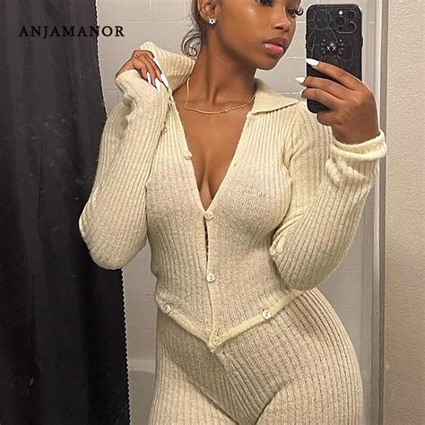 Anjamanor Sexy Knitted Button Hollow Out Bodycon Jumpsuit Long Sleeve One Piece Outfit Women