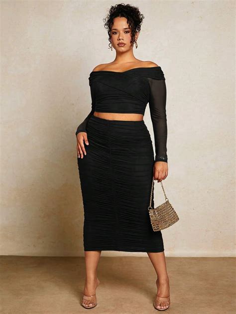 Shein Bae Plus Off Shoulder Ruched Mesh Top And Pencil Skirt Shein Usa