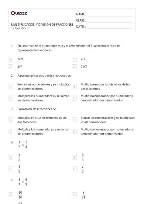 50 Multiplicar Y Dividir Fracciones Hojas De Trabajo Para Grado 8 En Quizizz Gratis E Imprimible