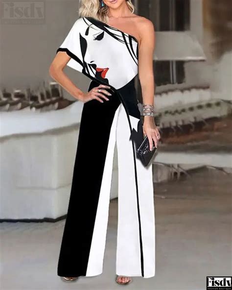 Abstract Colorblock One Shoulder Jumpsuit With Print Jumpsuit Fashion