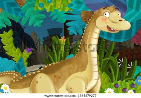 Cartoon Scene Dinosaur Diplodocus Apatosaurus Jungle Stock Illustration