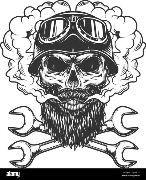 Calavera Con Casco De Biker Y Gafas En La Nube De Humo Con Llaves