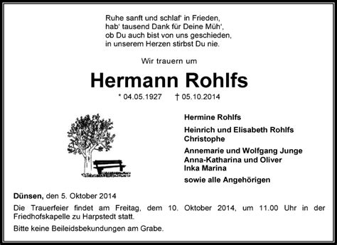 Traueranzeigen Von Hermann Rohlfs Trauer Kreiszeitung De