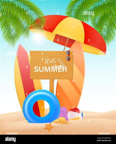 Hello Summer Vector Design Concept Wooden Sign Board With Hello Summer