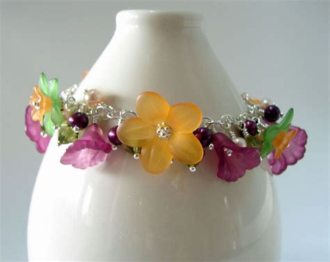 Lucite Flower Bracelet Sterling Silver Orange Plum And Etsy