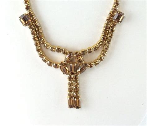 Vintage Weiss Rhinestone Necklace Amber Crystal Gold Tone Holiday Party