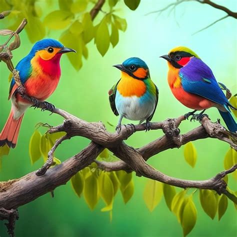 Premium Photo Three Colorful Birds Are Sitting On A Tree Branch