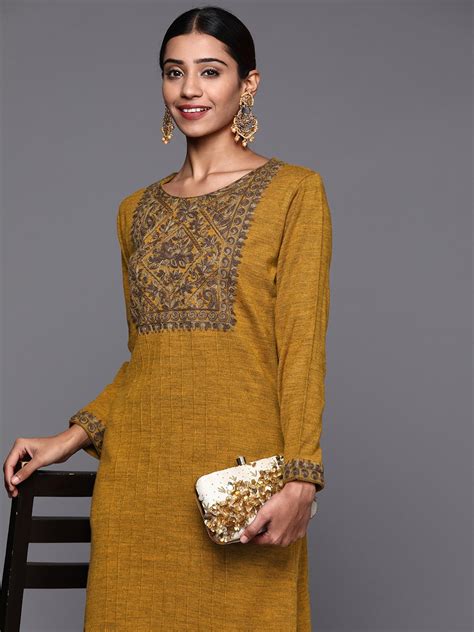 Buy Libas Women Mustard Yellow Floral Motifs Yoke Design Thread Work Wool Kurta Kurtas For