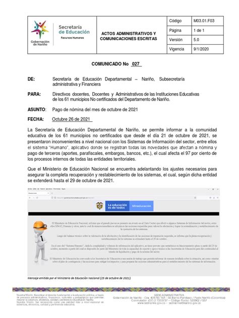 Ultimo Comunicado Pago De Nomina Mes Octubre 2021 Pdf