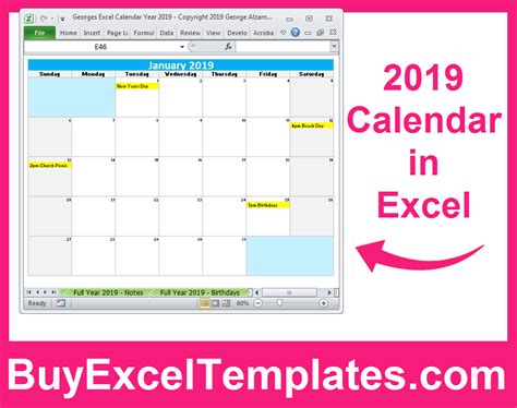 2019 Calendar Printable Yearly Monthly Editable Excel Digital Download