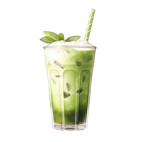 Iced Matcha Milk Tea In Plastic Glass Watercolor Art Watercolor