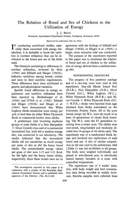 PDF The Relation Of Breed And Sex Of Chickens To The Utilization Of