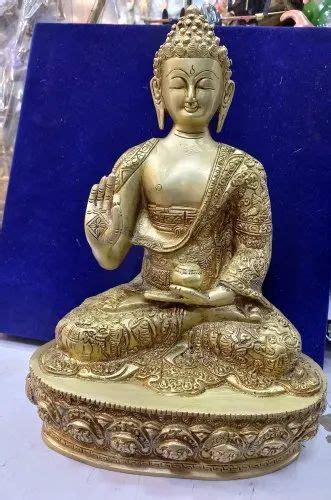 Butter Yellow Religious Brass Buddha Sitting Statue Live Story Back