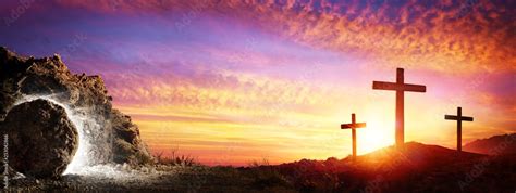 Resurrection Tomb Empty With Crucifixion At Sunrise Stock Photo