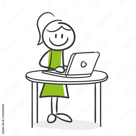 Stick Figure Series Green Woman Frau Am Laptop Stock Vector Adobe Stock