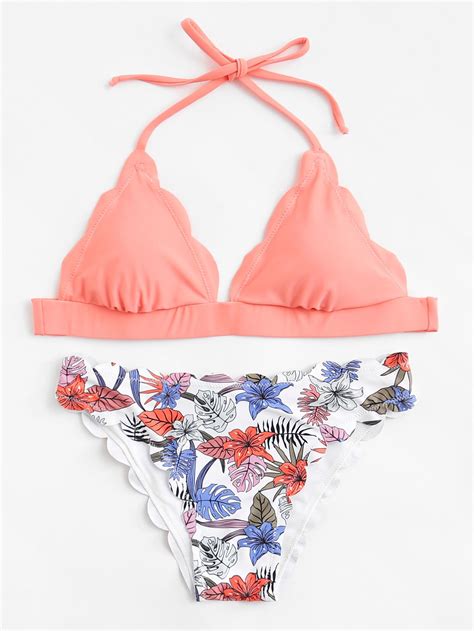 Tropical Print Scallop Trim Halter Bikini Set Shein Sheinside